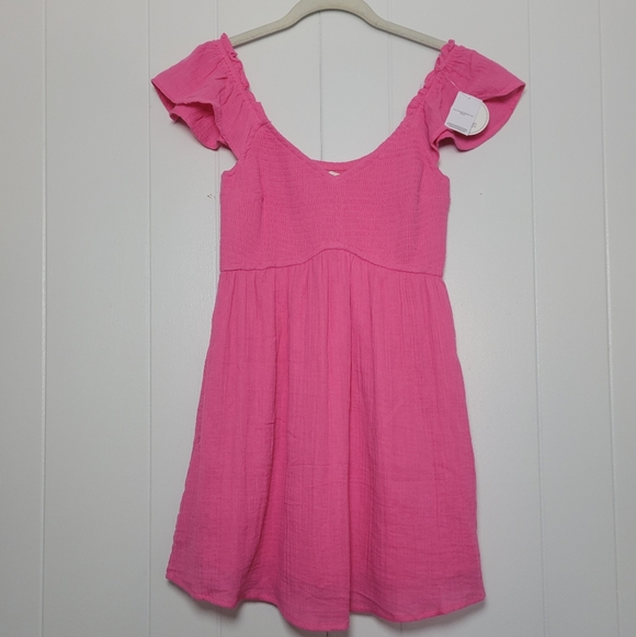NWT Hollister Flutter Sleeve Smocked Romper Mini Dress Pink V Neck Cotton SM Reg - Picture 3 of 14